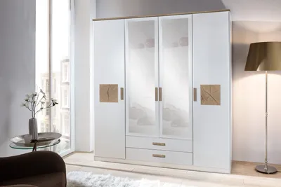 Produktbild von Kleiderschrank "Kärnten" in WEISS + HIRNHOLZ-NB mit 2 Schubladen und 4 Türen. Abmessungen (BxHxT) 179x199x58 cm