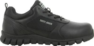 A black safety shoe is shown from the side against a white background.