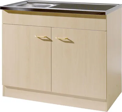 A kitchen sink cabinet with a sink and stovetop on top, shown against a white background.