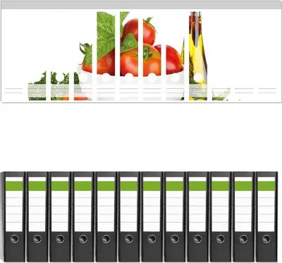 Produktbild von Wallario 12 Stück breite Ordner inkl. Klebeetiketten mit Motive Frische Salatzutaten mit Kräuter-Öl - Tomaten, Gurke, Petersilie -  Set mit Rückenschildern / Ordnerrücken Stickern
