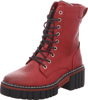 A red lace-up boot with a black sole and laces, shown against a white background.