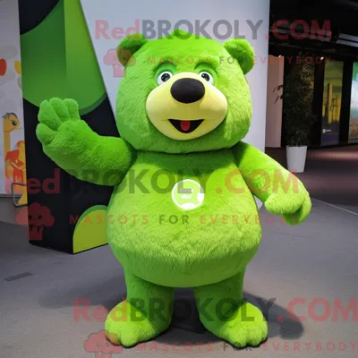 Produktbild von Limettengrüner REDBROKOLY Bär als Maskottchenkostüm mit T-Shirt und Broschen