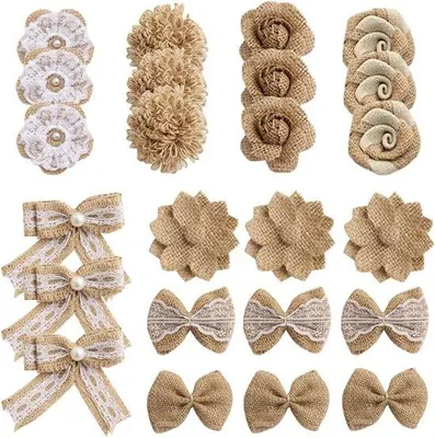 Produktbild von 24 Stück Juteblumen mit Schleifen für DIY Handwerk und Hochzeitsdeko