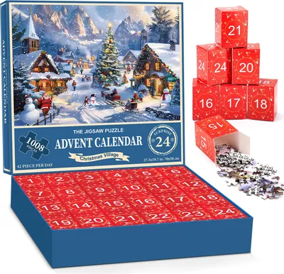 Produktbild von Adventskalender 2024 Puzzlekalender, 24 Boxen für Erwachsene und Kinder, Familienspiel, 1008 Teile, Weihnachtsdorf, 50 x 70 cm, Blau