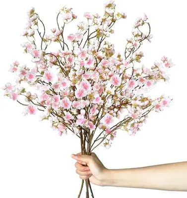 Produktbild von 4 Stück Künstliche Blumen Kirschblüten 105cm Kunstblumen Kirschblüte Osterstrauch Zweige Frühlingsdeko Seidenblumen wie Echt, Artificial Fake Flowers Pfirsichblüte für Bodenvase Tischdeko (Rosa)