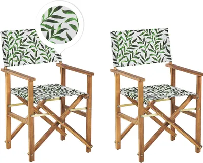 Image de BELIANI Jeu de 2 chaises de jardin en bois d'acacia clair, assise en tissu avec motif de feuilles, chaise de jardin pliante