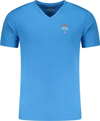 Obrázok produktu pre Pánske tričko s výstrihom do V, modré s potlačou a logom - Rozopínateľné, odnímateľné