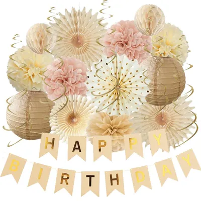 Boho Geburtstagsdeko Staubrosa – Papiermixer & Lampions, Beige