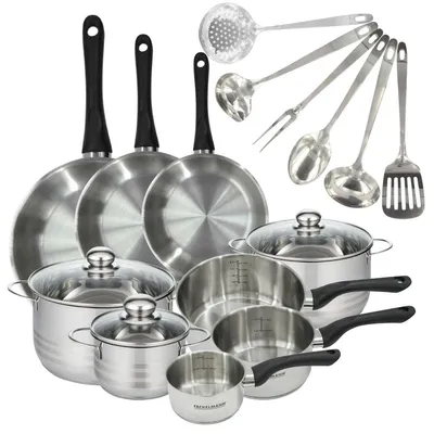 Image de Batterie de cuisine avec 3 poêles 20/24/28 cm et 3 casseroles 12/16/20 cm avec 6 ustensiles de cuisine Fackelmann Généva Brillant Oxford