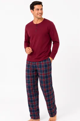Produktbild von Herren Schlafanzug 2tlg 100% Baumwolle – Pyjama Set Langarm mit Rot-Blau Karierter Hose & Knopfleiste Gr. L–3XL, KI-generiertes Bild