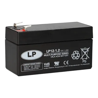A black battery with labels and symbols on a white background.