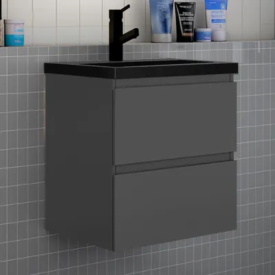 Produktbild von Badezimmermöbel 60cm CINIC-Serie Schwarz Waschtisch mit Unterschrank Hängeschrank Badezimmerschränke mit 2 Schubladen Anthrazit