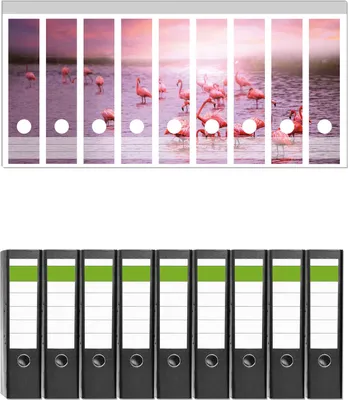 Produktbild von Wallario 9 Stück breite Ordner inkl. Klebeetiketten mit Motive Rosa Flamingos bei Sonnenuntergang -  Set mit Rückenschildern / Ordnerrücken Stickern