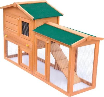 Produktbild von vidaXL Kaninchenstall, Holz, Grün, 2 Ebenen, herausziehbares Schubfach, rutschfeste Rampe, witterungsbeständig, dichtes Drahtgitter, wasserfestes Dach, 145x45x84 cm (LxBxH), 36x137x82 cm (BxTxH)