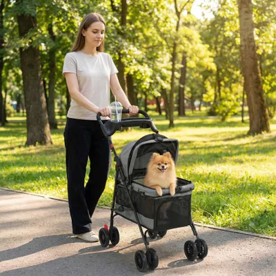 Zdjęcie produktu dla Wózek dla psa, składany, okienka z siatki, do 10 kg, szary