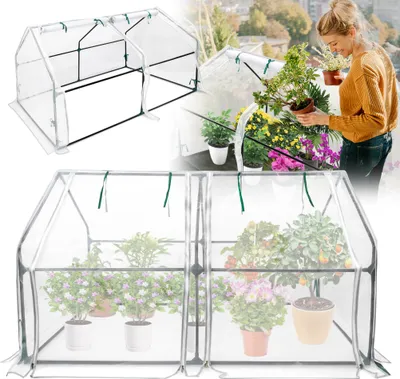 A collage of images showing a greenhouse, a woman tending to plants, and a close-up of plants inside a greenhouse.