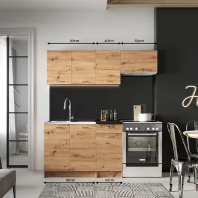 Productafbeelding van Keuken van 180 cm - met zwart aanrechtblad - in de kleur Artisan Eik - keukenunit - 5 keukenkastjes - keukenblok - keuken voor één persoon - MELA