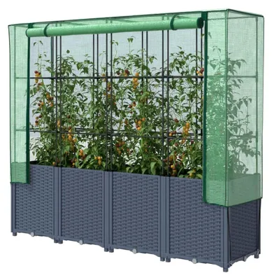 Produktbild von Hochbeet mit Gewächshausabdeckung in Rattanoptik 160x40x153cm