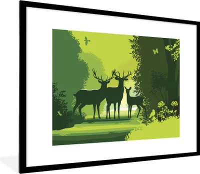 Produktbild von MuchoWow® Gerahmtes Poster Eine Illustration von Hirschen im Wald 80x60 cm - Poster mit Schwarzem Bilderrahmen Wandposter Rahmen Foto Bilder - Schlafzimmer-Dekorationen - Fotoposter
