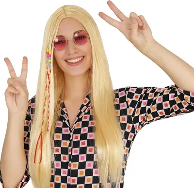 Produktbild von Blonde Hippie Perücke mit Zöpfen und bunten Perlen – 70er Jahre Accessoire für Damen