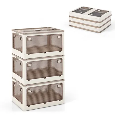 Three stackable storage boxes are shown in a studio setting against a white background. A smaller stack of boxes is shown in the upper right corner.