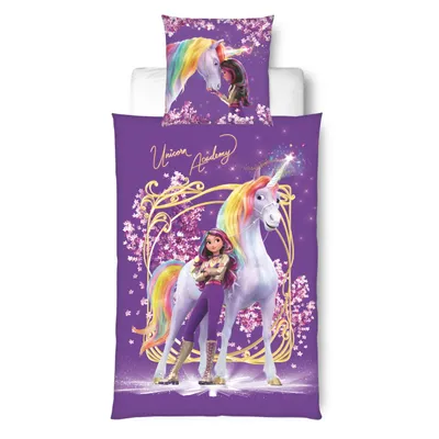 A bedding set featuring characters from Unicorn Academy.