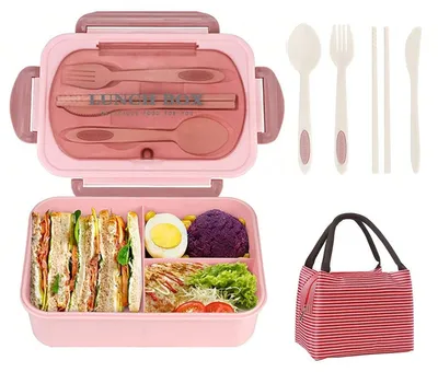 Zdjęcie produktu dla Pudełko na lunch dla dorosłych - 1200 ml - szczelne - z przyborami - 3 przegródki - nadaje się do mikrofalówki - z torbą - różowe