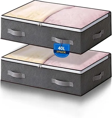Produktbild von PolkaHome® 2 Stück 40L Aufbewahrungsboxen unter dem Bett mit Deckel, faltbare Kleideraufbewahrungstaschen mit Reißverschluss und