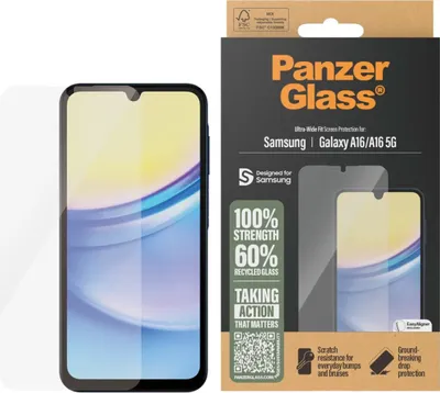Obrázok produktu pre PanzerGlass ® Screen Protector Samsung Galaxy A16 | A16 5G | Ultra-Wide Fit w. EasyAligner, Samsung, Samsung - Galaxy A16 4G, Samsung - Galaxy A16 5G, Suché aplikovanie, Odolné proti poškriabaniu, Odolný proti nárazom, Priehľadná, 1 kusov