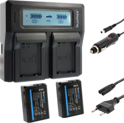 Produktbild von 2x Akku + Lader für Sony NP-FW50 Alpha  6000 6500  7R II NEX 7 RX10 1030 mAh