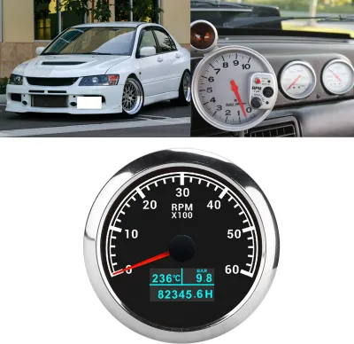 Immagine prodotto di Tachimetro 3 in 1 6000 giri/min, temperatura dell'acqua, pressione dell'olio, indicatore delle ore di funzionamento, impermeabile IP67, per auto, barche, camion, quadrante nero