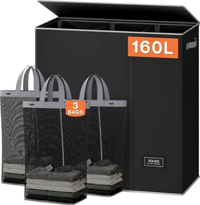 Image de Panier à linge 160L avec 3 compartiments, couvercle et sac en filet - Noir