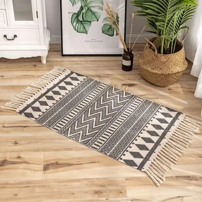 Produktbild von Boho-Handgefärbtes Kissenkleid 60x90cm, Waschbar, Eingangsbereich-Teppich mit Bürsten-Mustern in Schwarz.