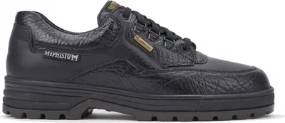 A black Mephisto shoe is shown from the side against a white background.
