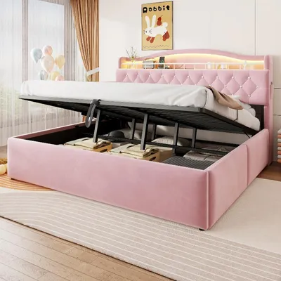 Productafbeelding van Boxspringbed 180x200 cm met hydraulische opbergruimte, fluwele bekleding, LED-verlichting in het hoofdeinde, USB- en USB-C-aansluitingen, hoofdeinde met opbergvakken, roze
