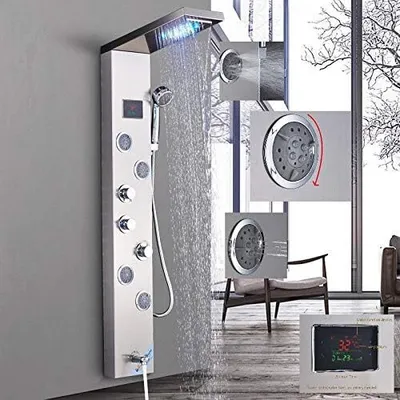 Produktbild von LED Duschpaneel aus rostfreiem Edelstahl mit Temperaturanzeige und 4 Massagedüsen Farbe: Nickel gebürstet