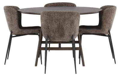 Produktbild von Kaseidon Essgruppe Esstisch dunkelbraun 4 Stühle Bouclé braun.