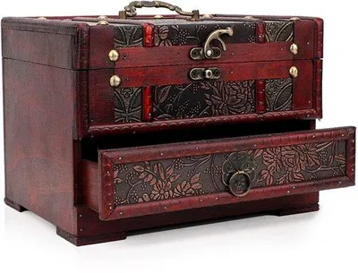Productafbeelding van Vintage houten sieradenkist met lade en spiegel - Organizer voor ringen, kettingen en horloges
