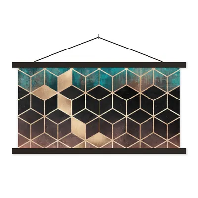 Produktbild von MuchoWow® Textilposter Abstrakt - Würfel - Gold - Muster - Luxus 60x30 cm mit schwarzem Rahmen - Textilien