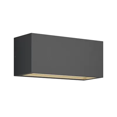 A dark gray rectangular outdoor wall lamp is shown against a white background.
