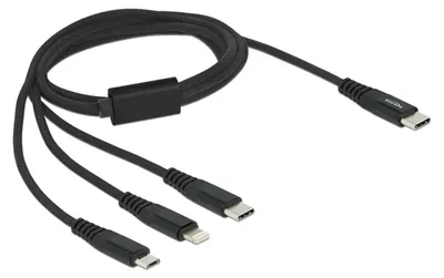 Produktbild von DeLOCK USB Ladekabel 3 in 1 USB Type-C zu Lightning / Micro USB / USB Type-C 1 m, 1 m, USB C, USB C/micro-USB B/Lightning, USB 2.0, Schwarz