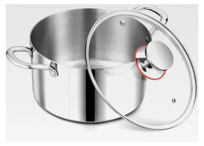 Produktbild von Edelstahl Kochtopf mit Glasdeckel, Ø 22 cm / 5 L, Suppentopf, Fleischtopf, Nudeltopf, Spaghettitopf, unbeschichtet, backofenfest, poliert