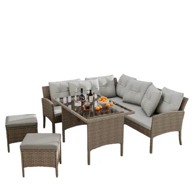 Produktbild von Poly Rattan Sitzgruppe Esstisch Lounge Gartenmöbel Sitzgarnitur Garten-Garnitur Set,Gartenlounge für 7 Personen,mit Sofa,Tisch,Hocker,Kissen