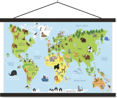 Produktbild von MuchoWow® Textilposter Weltkarte - Kinder - Tiere - Blau - Grün 120x80 cm mit schwarzem Rahmen - Wanddeko