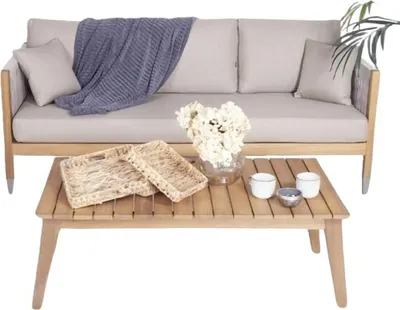 Zdjęcie produktu dla Stylowa kompletna sofa 3-osobowa designerski stolik kawowy drewniane meble ogrodowe