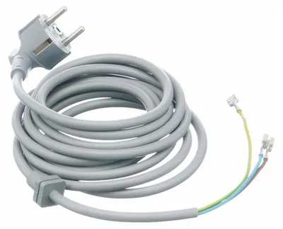 A coiled power cord with a European plug on one end and bare wire terminals on the other.