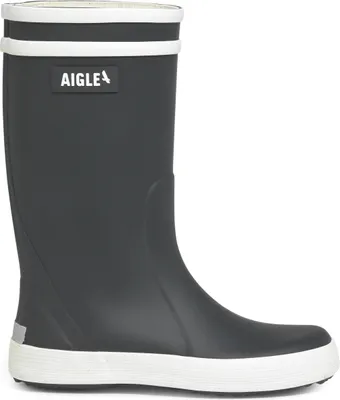 A single dark gray rain boot with white trim and sole, shown against a white background.