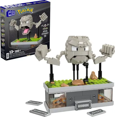 A Mega Pokemon Geodude building set is displayed with its packaging.