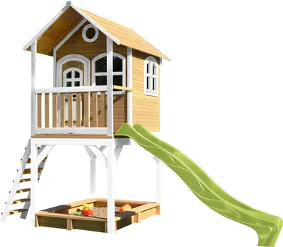 Produktbild von AXI Spielhaus Sarah mit Sandkasten & hellgrüner Rutsche | Stelzenhaus in Braun & Weiß aus  Holz für Kinder | Spielturm mit Wellenrutsche für den Garten