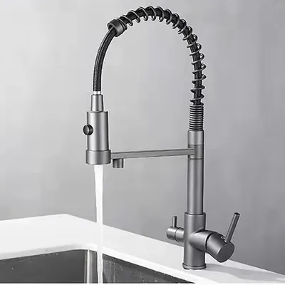 Immagine prodotto di Miscelatore per lavello da cucina, con filtro dell'acqua, a due maniglie, rotazione a 360°, doccetta estraibile, per acqua calda e fredda, colore grigio gunmetal